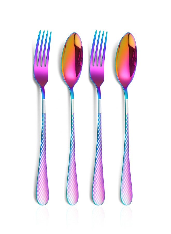 KitchEase 2 Table Spoon & 2 Dinner Fork (Set of 4) - Stainless Steel Checkered Cutlery | Classic Flatware for Dining, Gifting & Restaurants | Anti Tarnish & Dishwasher Safe (Rainbow) - Image 1